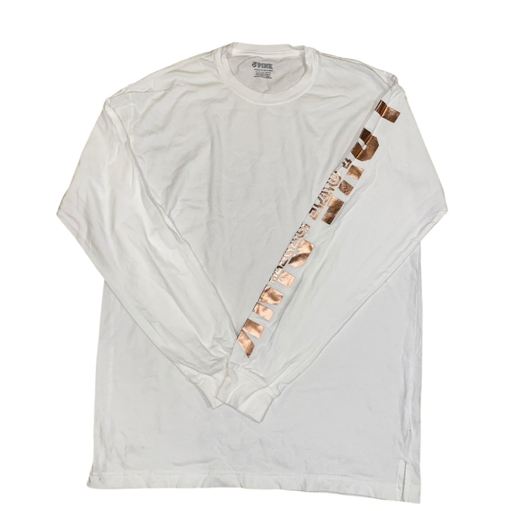 vs pink basic white long sleeve with rose gold writing on sleeve